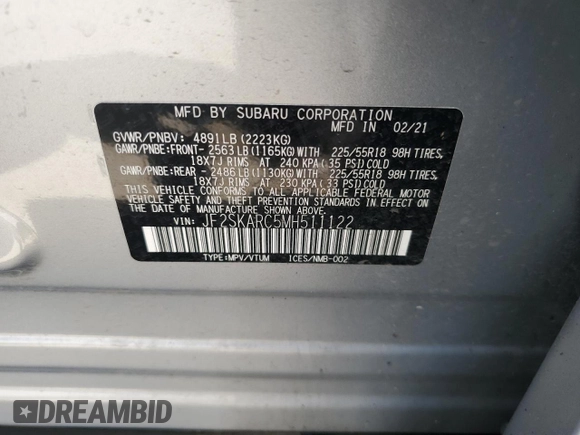 2021 Subaru Forester Special Sports with VIN JF2SKARC5MH511122, listed as a Copart auction lot 59970395 with 38,492 mi miles and Salvage title. Bid and sale history available at DreamBid. Image 13.