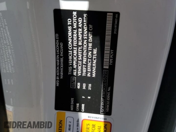 2019 Aston Martin DB11 V8 z VIN SCFRMFAW0KGL05298, wystawiony jako Copart lot #73723684 z przebiegiem Nie podano mil oraz Nie do naprawy. Historia ofert i sprzedaży dostępna na DreamBid. Obrazek 13.