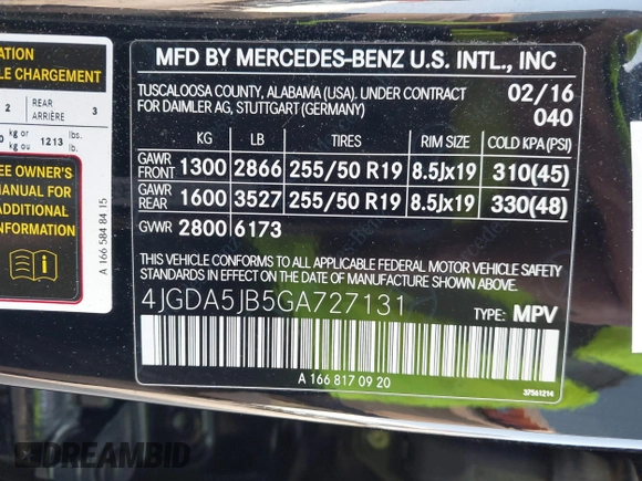 2016 Mercedes-Benz GLE 350 z VIN 4JGDA5JB5GA727131, wystawiony jako IAAI lot #42392219 z przebiegiem 106 531 mil mil oraz . Historia ofert i sprzedaży dostępna na DreamBid. Obrazek 9.