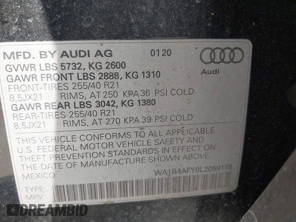 2020 Audi SQ5 Premium Plus with VIN WA1B4AFY0L2059116, listed as a IAAI auction lot 42009082 with 103,896 mi miles. Bid and sale history available at carsss.com. Image 9.