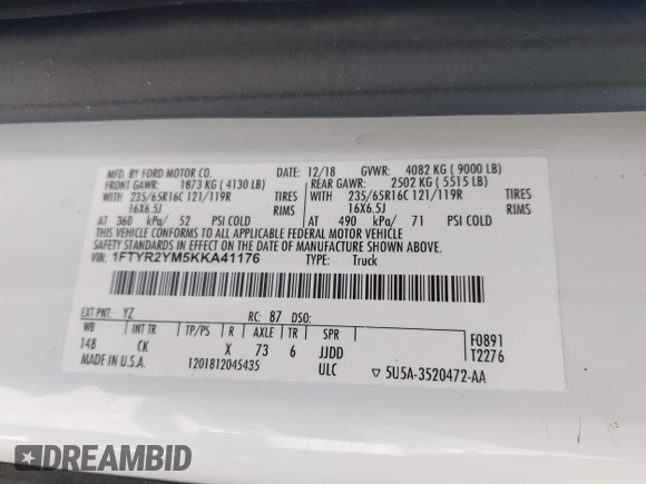 2019 Ford Transit z VIN 1FTYR2YM5KKA41176, wystawiony jako IAAI lot #41594906 z przebiegiem 76 637 mil mil oraz . Historia ofert i sprzedaży dostępna na DreamBid. Obrazek 9.