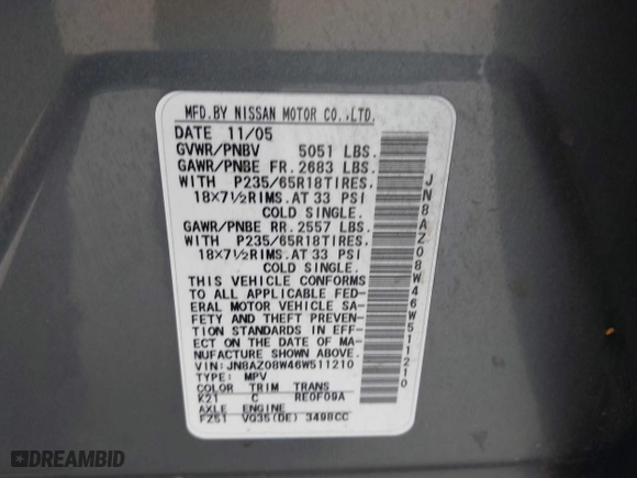 2006 Nissan Murano SL with VIN JN8AZ08W46W511210, listed as a IAAI auction lot 42131046 with 161,231 mi miles. Bid and sale history available at carsss.com. Image 9.