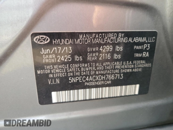 2013 Hyundai Sonata Limited with VIN 5NPEC4ACXDH766713, listed as a Copart auction lot 54170945 with 177,735 mi miles and Salvage Title. Bid and sale history available at DreamBid. Image 13.