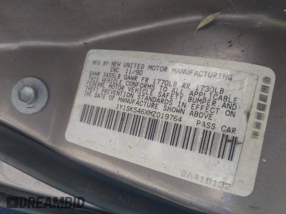 1991 Geo Prizm z VIN 1Y1SK546XMZ019764, wystawiony jako IAAI lot #42374025 z przebiegiem 171 122 mil mil oraz . Historia ofert i sprzedaży dostępna na DreamBid. Obrazek 9.