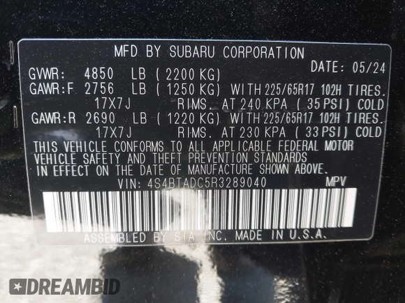 2024 Subaru Outback Premium with VIN 4S4BTADC5R3289040, listed as a IAAI auction lot 41904302 with 10,861 mi miles and . Bid and sale history available at DreamBid. Image 9.