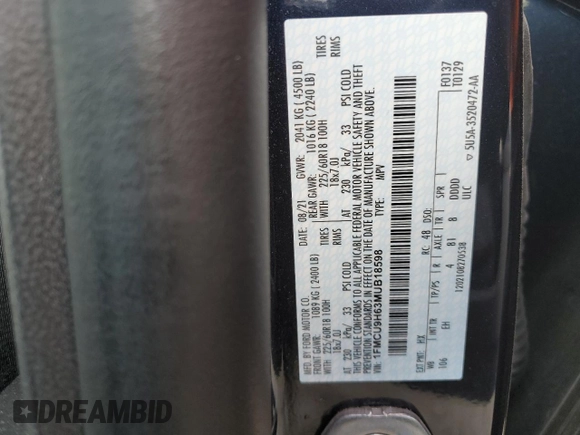 2021 Ford Escape SEL with VIN 1FMCU9H63MUB18598, listed as a Copart auction lot 50165425 with 49,541 mi miles and Salvage Title. Bid and sale history available at DreamBid. Image 15.