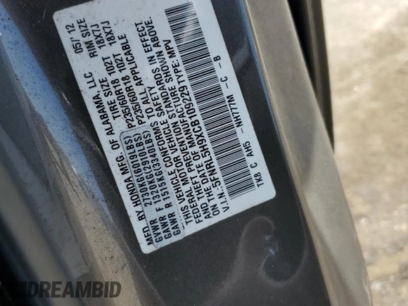 2012 Honda Odyssey Touring с VIN 5FNRL5H9XCB109229, выставлен на аукционе Copart как лот 59885895 с пробегом 153 668 миль миль и Чистый • Clean title. История ставок и продаж доступна на DreamBid. Изображение 13.