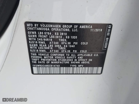 2019 Volkswagen Atlas 3.6L V6 SE w/Technology with VIN 1V2WR2CA6KC514743, listed as a IAAI auction lot 41589325 with 87,035 mi miles. Bid and sale history available at carsss.com. Image 9.