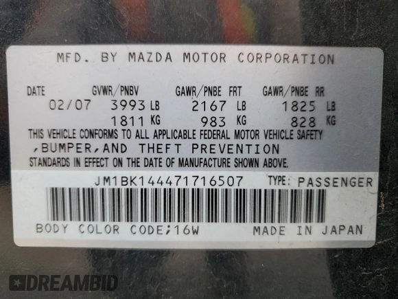 2007 Mazda 3 S Sport with VIN JM1BK144471716507, listed as a Copart auction lot 79550964 with 177,237 mi miles and Salvage Title. Bid and sale history available at DreamBid. Image 12.