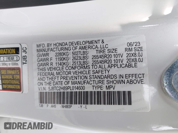 2023 Acura RDX Advance with VIN 5J8TC2H89PL014600, listed as a IAAI auction lot 42044867 with 30,190 mi miles and . Bid and sale history available at DreamBid. Image 9.