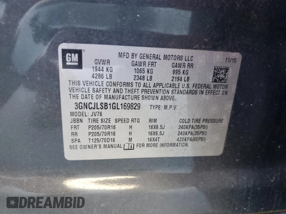 2016 Chevrolet Trax LT with VIN 3GNCJLSB1GL169829, listed as a Copart auction lot 43512655 with 122,188 mi miles and Salvage Title. Bid and sale history available at carsss.com. Image 13.