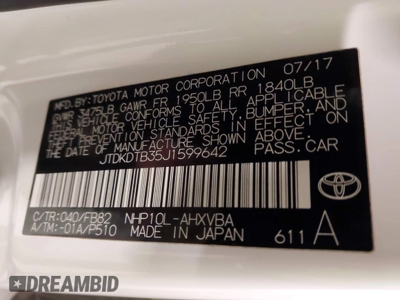 2018 Toyota Prius One with VIN JTDKDTB35J1599642, listed as a IAAI auction lot 42031112 with 58,801 mi miles and . Bid and sale history available at DreamBid. Image 9.