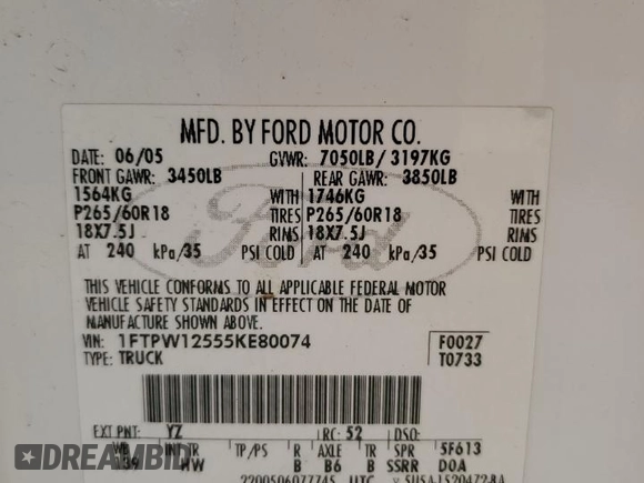 2005 Ford F-150 XLT z VIN 1FTPW12555KE80074, wystawiony jako Copart lot #51808485 z przebiegiem 161 991 mil mil oraz Szkoda całkowita • Salvage title. Historia ofert i sprzedaży dostępna na DreamBid. Obrazek 14.