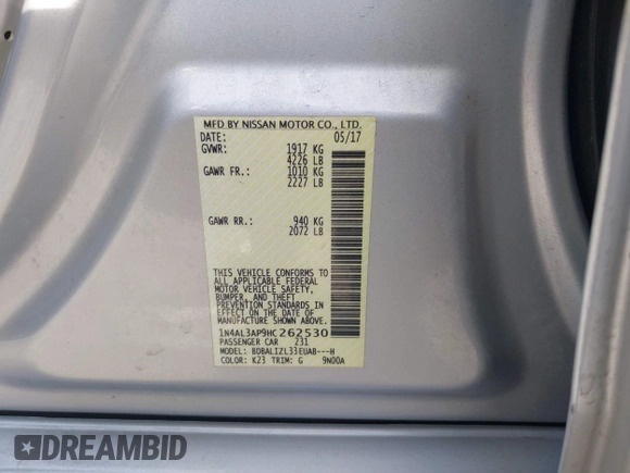 2017 Nissan Altima SV with VIN 1N4AL3AP9HC262530, listed as a IAAI auction lot 41714450 with 151,910 mi miles and . Bid and sale history available at DreamBid. Image 9.