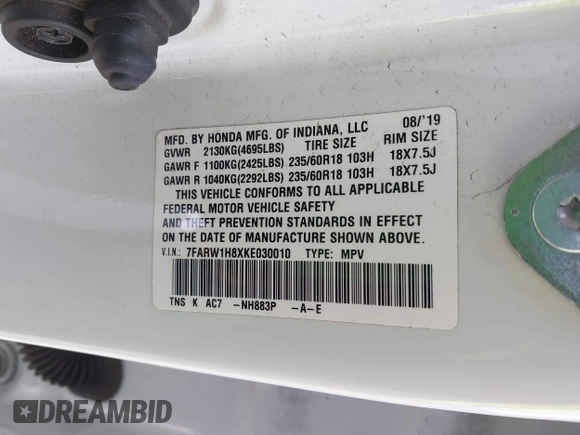 2019 Honda CR-V EX-L with VIN 7FARW1H8XKE030010, listed as a IAAI auction lot 42086790 with 65,663 mi miles. Bid and sale history available at carsss.com. Image 9.