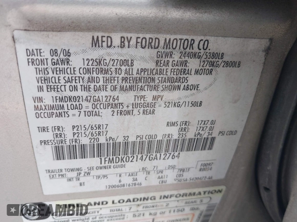 2007 Ford Freestyle SEL с VIN 1FMDK02147GA12764, выставлен на аукционе IAAI как лот 42687525 с пробегом 210 700 миль миль и . История ставок и продаж доступна на DreamBid. Изображение 9.