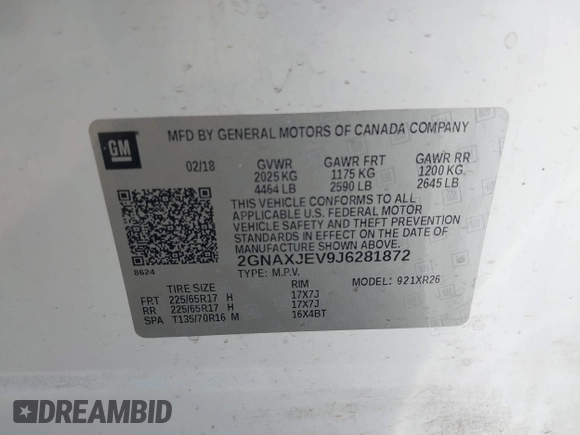 2018 Chevrolet Equinox LT with VIN 2GNAXJEV9J6281872, listed as a IAAI auction lot 41774371 with 99,152 mi miles. Bid and sale history available at carsss.com. Image 9.