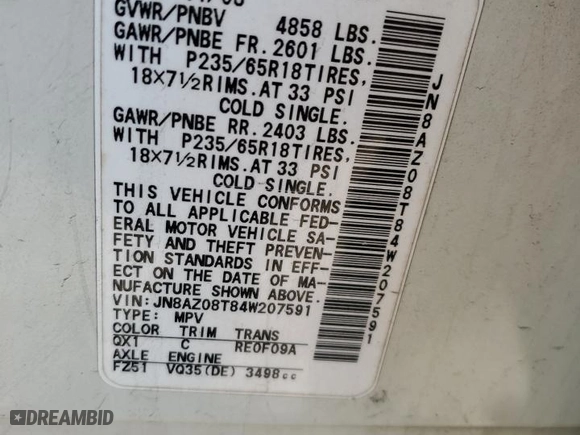 2004 Nissan Murano SL with VIN JN8AZ08T84W207591, listed as a Copart auction lot 89176425 with 182,127 mi miles and Salvage Title. Bid and sale history available at carsss.com. Image 13.