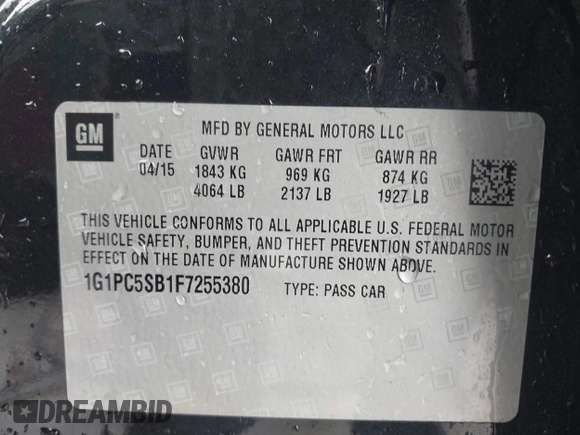 2015 Chevrolet Cruze LT with VIN 1G1PC5SB1F7255380, listed as a IAAI auction lot 41515754 with 146,081 mi miles and . Bid and sale history available at DreamBid. Image 9.