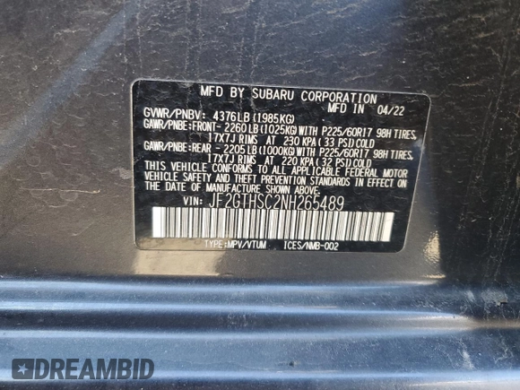 2022 Subaru Crosstrek Special Sports with VIN JF2GTHSC2NH265489, listed as a Copart auction lot 88752765 with Not provided miles and Salvage title. Bid and sale history available at DreamBid. Image 14.