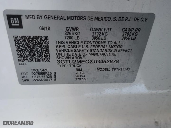 2018 GMC Sierra 1500 SLE with VIN 3GTU2MEC2JG452678, listed as a Copart auction lot 50351935 with 0 mi miles and Salvage Title. Bid and sale history available at carsss.com. Image 14.
