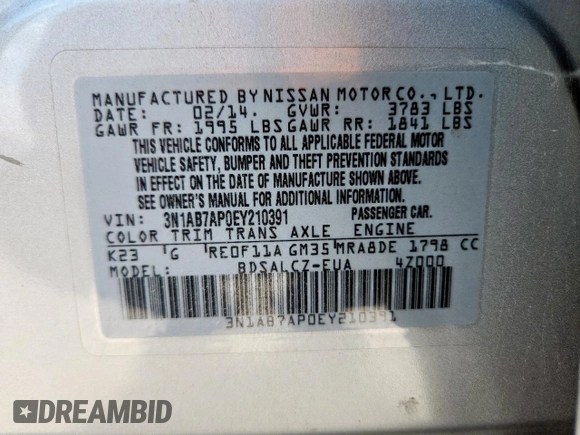 2014 Nissan Sentra SV with VIN 3N1AB7AP0EY210391, listed as a Copart auction lot 62337005 with 182,380 mi miles and Salvage title. Bid and sale history available at DreamBid. Image 13.
