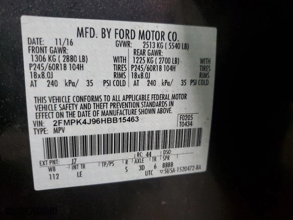 2017 Ford Edge SEL with VIN 2FMPK4J96HBB15463, listed as a Copart auction lot 51896205 with 163,923 mi miles and Salvage Title. Bid and sale history available at carsss.com. Image 14.