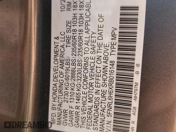2024 Honda Odyssey EX-L with VIN 5FNRL6H6XRB016148, listed as a Copart auction lot 50639375 with 27,113 mi miles and Salvage Title. Bid and sale history available at DreamBid. Image 15.