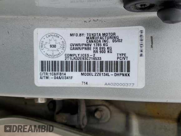 2003 Toyota Matrix Std with VIN 2T1LR32E93C716533, listed as a Copart auction lot 53249435 with 268,425 mi miles and Clean Title. Bid and sale history available at DreamBid. Image 12.
