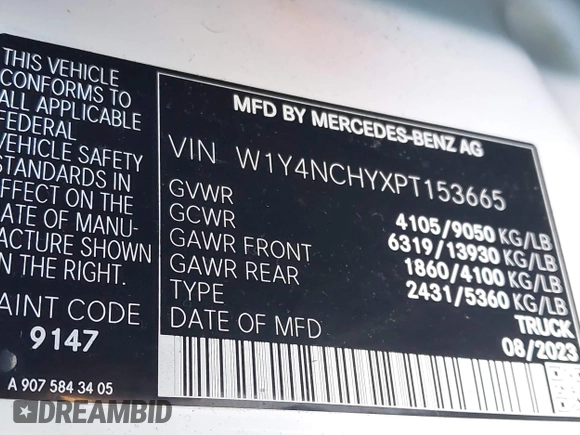 2023 Mercedes-Benz Sprinter Cargo with VIN W1Y4NCHYXPT153665, listed as a IAAI auction lot 41322090 with 203,587 mi miles and . Bid and sale history available at carsss.com. Image 9.