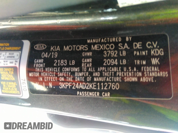 2019 Kia Forte LXS with VIN 3KPF24AD2KE112760, listed as a IAAI auction lot 36553963 with 51,192 mi miles and . Bid and sale history available at carsss.com. Image 9.