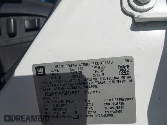 2013 Chevrolet Equinox LT with VIN 2GNALDEK1D6121587, listed as a IAAI auction lot 41985873 with 100,356 mi miles. Bid and sale history available at carsss.com. Image 9.