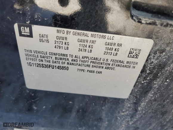 2015 Chevrolet Impala LT with VIN 1G1125S36FU145850, listed as a Copart auction lot 45136775 with 125,676 mi miles and Clean Title. Bid and sale history available at carsss.com. Image 12.