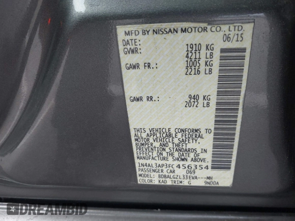 2015 Nissan Altima 2.5 SV with VIN 1N4AL3AP3FC456354, listed as a IAAI auction lot 41679666 with 109,360 mi miles. Bid and sale history available at carsss.com. Image 9.
