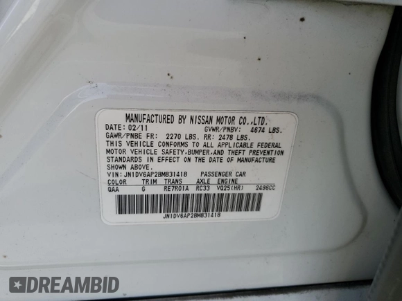 2011 Infiniti G25 Journey with VIN JN1DV6AP2BM831418, listed as a Copart auction lot 50463335 with Not provided miles and Salvage title. Bid and sale history available at DreamBid. Image 12.