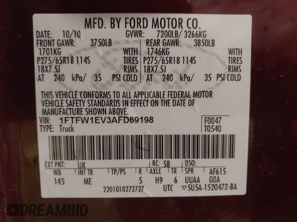 2010 Ford F-150 XL with VIN 1FTFW1EV3AFD89198, listed as a IAAI auction lot 42425921 with 174,410 mi miles and . Bid and sale history available at DreamBid. Image 9.