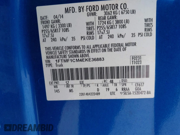 2014 Ford F-150 XL with VIN 1FTMF1CM4EKE36883, listed as a IAAI auction lot 41317737 with 50,667 mi miles and . Bid and sale history available at DreamBid. Image 9.