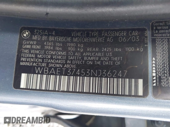 2003 BMW 3 Series 325i with VIN WBAET37453NJ36247, listed as a IAAI auction lot 42094607 with 174,501 mi miles and . Bid and sale history available at DreamBid. Image 9.