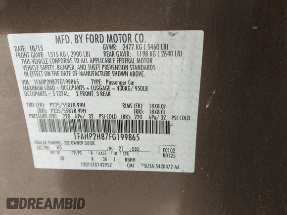 2015 Ford Taurus SEL with VIN 1FAHP2H87FG199865, listed as a IAAI auction lot 40760225 with 77,782 mi miles. Bid and sale history available at carsss.com. Image 9.