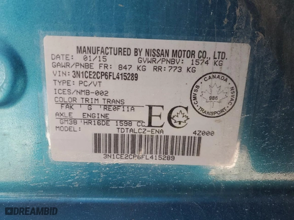 2015 Nissan Versa Note S with VIN 3N1CE2CP6FL415289, listed as a Copart auction lot 41484185 with 135,221 mi miles and Clean Title. Bid and sale history available at carsss.com. Image 13.