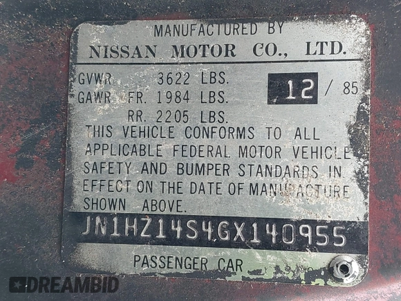 1986 Nissan 300ZX z VIN JN1HZ14S4GX140955, wystawiony jako IAAI lot #41935505 z przebiegiem 144 917 mil mil oraz . Historia ofert i sprzedaży dostępna na DreamBid. Obrazek 9.