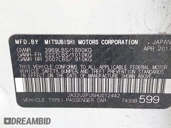 2017 Mitsubishi Lancer ES with VIN JA32U2FU5HU012442, listed as a IAAI auction lot 41947058 with 89,432 mi miles and . Bid and sale history available at DreamBid. Image 9.