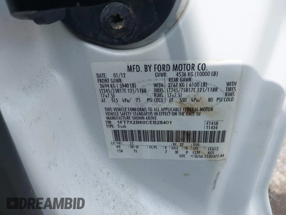 2012 Ford F-250 XL with VIN 1FT7X2B60CEB28401, listed as a IAAI auction lot 42311601 with 64,163 mi miles and . Bid and sale history available at DreamBid. Image 9.