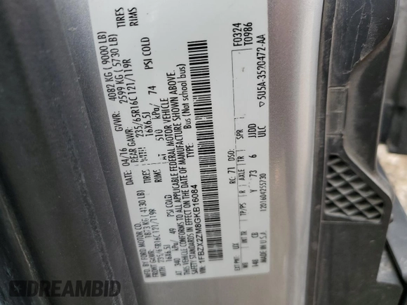 2016 Ford Transit XL z VIN 1FBZX2ZM8GKB16084, wystawiony jako Copart lot #52432955 z przebiegiem Nie podano mil oraz Szkoda całkowita • Salvage title. Historia ofert i sprzedaży dostępna na DreamBid. Obrazek 14.