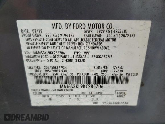2019 Ford EcoSport Titanium with VIN MAJ6S3KL9KC285706, listed as a Copart auction lot 54191865 with 57,124 mi miles and Salvage Title. Bid and sale history available at DreamBid. Image 13.