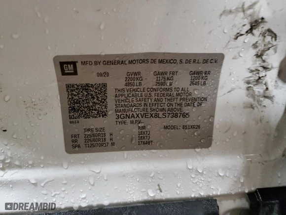 2020 Chevrolet Equinox LT with VIN 3GNAXVEX8LS738765, listed as a Copart auction lot 47938445 with 71,001 mi miles and Salvage Title. Bid and sale history available at carsss.com. Image 13.