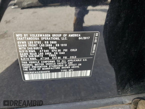 2018 Volkswagen Atlas SE with VIN 1V2CR2CA3JC504978, listed as a Copart auction lot 60042495 with 189,141 mi miles and Clean title. Bid and sale history available at DreamBid. Image 13.