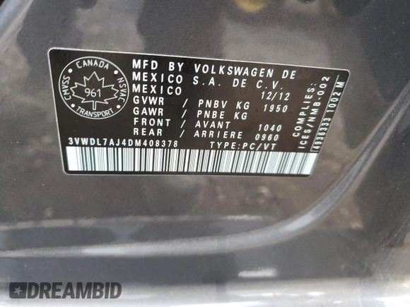 2013 Volkswagen Jetta Comfortline с VIN 3VWDL7AJ4DM408378, выставлен на аукционе Copart как лот 77094074 с пробегом 169 129 миль миль и Списание • Salvage title. История ставок и продаж доступна на DreamBid. Изображение 13.