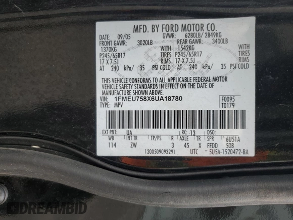 2006 Ford Explorer Limited with VIN 1FMEU758X6UA18780, listed as a Copart auction lot 52950115 with 117,321 mi miles and Salvage Title. Bid and sale history available at DreamBid. Image 13.