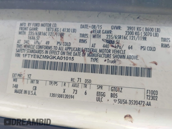2016 Ford Transit Cargo with VIN 1FTYE9ZM9GKA01015, listed as a IAAI auction lot 42533387 with 186,555 mi miles and . Bid and sale history available at DreamBid. Image 9.